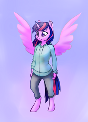 Size: 1926x2657 | Tagged: safe, artist:lilfunkman, imported from derpibooru, twilight sparkle, alicorn, anthro, unguligrade anthro, clothes, female, hoodie, mare, pants, solo, twilight sparkle (alicorn)