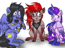 Size: 2900x2160 | Tagged: safe, artist:darkpathwalker9900, imported from derpibooru, oc, oc only, oc:eigii, oc:koda, oc:moonlight, alicorn, pegasus, pony, derp, female, high res, mare, sharp teeth, simple background, sitting, teeth, transparent background