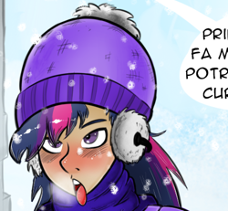 Size: 448x414 | Tagged: safe, artist:fbertu, imported from derpibooru, twilight sparkle, human, cap, cropped, hat, humanized, open mouth, snow