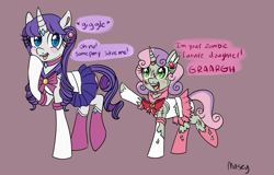 Size: 3600x2297 | Tagged: safe, artist:lamentedmusings, edit, editor:liggliluff, imported from derpibooru, rarity, sweetie belle, pony, unicorn, zombie, clothes, cosplay, costume, female, halloween, holiday, mare, panties, pink underwear, ripped stockings, sailor chibi moon, sailor guardian, sailor mini moon, sailor moon, sailor scout, sailor suit, scar, sisters, torn clothes, underwear, white underwear