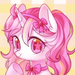 Size: 1000x1000 | Tagged: safe, artist:leafywind, imported from derpibooru, oc, oc only, oc:flower tune, pony, unicorn, abstract background, bow, female, looking at you, mare, solo, starry eyes, wingding eyes