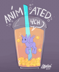 Size: 900x1100 | Tagged: safe, artist:varllai, imported from derpibooru, alicorn, pony, :t, animated, auction, bubble, bubble tea, commission, cup, cup of pony, floating, gray background, looking at you, micro, simple background, smiling, solo, spread wings, straw, tiny ponies, underwater, wings, your character here