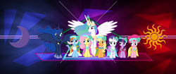 Size: 3440x1440 | Tagged: safe, artist:laszlvfx, artist:proenix, edit, imported from derpibooru, applejack, fluttershy, pinkie pie, princess celestia, princess luna, rainbow dash, rarity, twilight sparkle, pony, female, mane six, mare, royal sisters, wallpaper, wallpaper edit