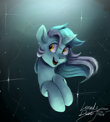 Size: 900x1000 | Tagged: dead source, safe, artist:lonelydust, imported from derpibooru, lyra heartstrings, pony, unicorn, bust, female, mare, smiling, solo, space, stars