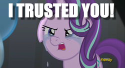 Size: 1280x699 | Tagged: safe, edit, edited screencap, imported from derpibooru, screencap, starlight glimmer, trixie, pony, unicorn, no second prances, betrayal, crying, discovery family logo, image macro, meme, tears of anger, upset