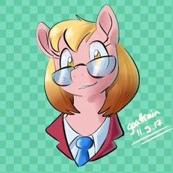 Size: 700x700 | Tagged: safe, artist:goat train, imported from derpibooru, oc, oc only, oc:miss manager, clothes, female, glasses, looking at you, mare, smiling, solo, species swap