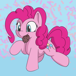 Size: 750x750 | Tagged: safe, artist:treekickerdraws, imported from derpibooru, pinkie pie, earth pony, pony, blue background, confetti, cookie, cute, diapinkes, female, food, mare, mouth hold, ponk, raised hoof, raised leg, simple background, smiling, solo