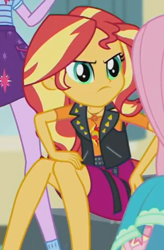 Size: 305x464 | Tagged: safe, imported from derpibooru, screencap, fluttershy, sci-twi, sunset shimmer, twilight sparkle, equestria girls, equestria girls series, overpowered (equestria girls), angry, cropped, cute, female, frown, geode of empathy, legs, madorable, offscreen character, shimmerbetes, sunset shimmer is not amused, unamused, upset