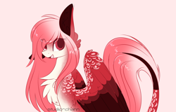 Size: 1024x657 | Tagged: safe, artist:little-sketches, artist:php146, imported from derpibooru, oc, oc only, oc:hoissuru, pegasus, pony, chest fluff, colored pupils, colored wings, female, leonine tail, looking at you, mare, multicolored wings, open mouth, pink background, simple background, sitting, solo