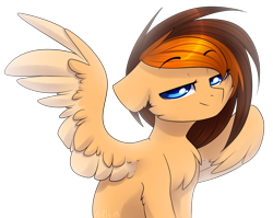 Size: 2455x1956 | Tagged: safe, artist:starlyfly, artist:starlyflygallery, imported from derpibooru, oc, oc only, oc:aerion featherquill, pegasus, pony, bedroom eyes, chest fluff, commission, eyebrows, female, looking at you, mare, one wing out, simple background, sitting, smiling, smirk, solo, transparent background, wings, ych result