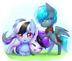 Size: 2000x1700 | Tagged: safe, artist:zukiq314, imported from derpibooru, oc, oc only, oc:alternate, oc:nathan, earth pony, pegasus, pony, amputee, chibi, clothes, commission, cute, eyes closed, looking at you, prosthetic leg, prosthetic limb, prosthetics, scarf, smiling, trio