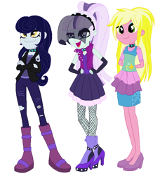 Size: 559x613 | Tagged: dead source, safe, artist:sarahgdo, imported from derpibooru, coloratura, moonlight raven, sunshine smiles, human, equestria girls, alternate universe, boots, choker, clothes, countess coloratura, equestria girls-ified, female, fishnets, high heel boots, high heels, pantyhose, ponytail, ripped pants, shoes, skirt, torn clothes