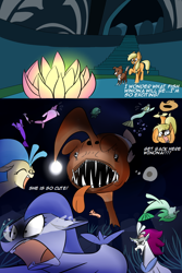 Size: 1000x1500 | Tagged: safe, artist:zouyugi, imported from derpibooru, applejack, princess skystar, queen novo, winona, angler fish, earth pony, pony, seapony (g4), my little pony: the movie, grammar error, seapony applejack, this will end in war