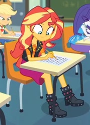 Size: 425x594 | Tagged: safe, imported from derpibooru, screencap, applejack, rarity, sunset shimmer, equestria girls, equestria girls series, the finals countdown, cropped, desk, pencil, sitting, solo focus