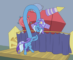 Size: 3373x2753 | Tagged: safe, artist:mellowhen, imported from derpibooru, trixie, are you frustrated?, cape, clothes, elongated, elongated body, female, hat, impossibly long neck, long neck, meme, necc, rearing, scrunchy face, solo, stage, trixie's cape, trixie's hat, wat