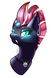 Size: 798x1200 | Tagged: safe, artist:rimmi1357, imported from derpibooru, tempest shadow, pony, unicorn, vampire, my little pony: the movie, broken horn, bust, eye scar, fangs, female, halloween, holiday, jewelry, necklace, portrait, scar, simple background, smiling, solo, transparent background