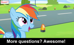 Size: 1600x973 | Tagged: safe, edit, edited screencap, imported from derpibooru, screencap, rainbow dash, pegasus, pony, comic:celestia's servant interview, caption, cs captions, female, interview, mare, solo