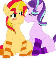 Size: 768x1024 | Tagged: safe, artist:artisticfangirl17, imported from derpibooru, starlight glimmer, sunset shimmer, pony, unicorn, blushing, chest fluff, clothes, cute, duo, eyes closed, female, glimmerbetes, lesbian, mare, shimmerbetes, shimmerglimmer, shipping, simple background, socks, striped socks, transparent background