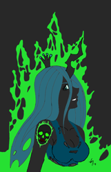 Size: 1212x1878 | Tagged: safe, artist:draftkid, artist:icey-wicey-1517, artist:icicle-wicicle-1517, imported from derpibooru, queen chrysalis, human, black background, clothes, colored, crown, female, fire, horned humanization, humanized, jewelry, pony coloring, regalia, simple background, skull, solo, tanktop, tattoo