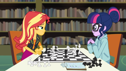 Size: 1366x768 | Tagged: safe, imported from derpibooru, screencap, sci-twi, sunset shimmer, twilight sparkle, equestria girls, equestria girls series, the finals countdown, book, bookshelf, checklist, chess, chessboard, chessboard incorrectly oriented, clothes, cute, gendo pose, hoodie, library, lidded eyes, looking at each other, smiling, twiabetes