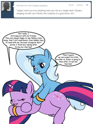 Size: 424x566 | Tagged: safe, artist:dekomaru, imported from derpibooru, trixie, twilight sparkle, tumblr:ask twixie, ask, female, lesbian, pregnant, shipping, tumblr, twixie