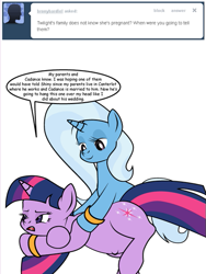 Size: 425x566 | Tagged: safe, artist:dekomaru, imported from derpibooru, trixie, twilight sparkle, tumblr:ask twixie, ask, female, lesbian, pregnant, shipping, tumblr, twixie