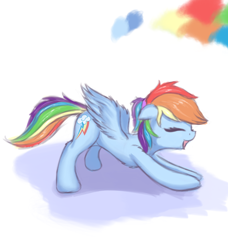 Size: 912x1000 | Tagged: safe, artist:twiren, imported from derpibooru, rainbow dash, pony, chest fluff, eyes closed, female, iwtcird, mare, open mouth, simple background, smiling, solo, stretching