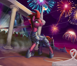 Size: 1024x876 | Tagged: safe, artist:eriadu, imported from derpibooru, fizzlepop berrytwist, tempest shadow, pony, my little pony: the movie, armor, broken horn, female, fireworks, mare, solo