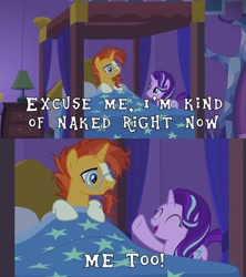 Size: 800x900 | Tagged: safe, edit, edited screencap, imported from derpibooru, screencap, starlight glimmer, sunburst, pony, unicorn, uncommon bond, bed, bedroom, comic, duo, female, happy, male, mare, screencap comic, stallion, we don't normally wear clothes