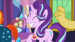 Size: 1136x640 | Tagged: safe, imported from derpibooru, discord, starlight glimmer, sunburst, celestial advice, season 7, balloon, big smile, equestrian pink heart of courage, eyes closed, flower, happy, paws, tail