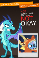 Size: 600x899 | Tagged: safe, imported from derpibooru, princess ember, trixie, dragon, uncommon bond, dragon costume, meme, we're a culture not a costume