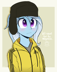 Size: 786x1000 | Tagged: safe, artist:higgly-chan, imported from derpibooru, trixie, equestria girls, adidas, alternate clothes, alternate costumes, blushing, boris, clothes, female, gopnik, hat, hoodie, life of boris, sad, simple background, slav, solo, tracksuit, ushanka