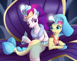 Size: 1280x1009 | Tagged: safe, artist:ohohokapi, imported from derpibooru, princess skystar, queen novo, seapony (g4), my little pony: the movie, abuse, discipline, female, freckles, mother and daughter, punishment, skyabuse, spank dat ass, spanking