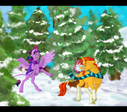 Size: 6000x5300 | Tagged: safe, artist:shaslan, imported from derpibooru, sunburst, twilight sparkle, alicorn, classical unicorn, pony, unicorn, absurd resolution, clothes, cloven hooves, female, leonine tail, male, scarf, shipping, snow, snowball, snowball fight, straight, twiburst, twilight sparkle (alicorn), unshorn fetlocks, vest, watermark