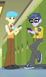 Size: 322x536 | Tagged: safe, imported from derpibooru, screencap, bright idea, microchips, equestria girls, equestria girls series, overpowered (equestria girls), background human, clothes, cropped, glasses, male, pants, phone, shoes, smiling, sneakers