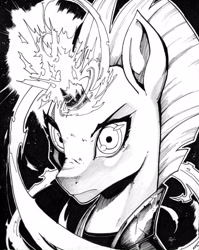 Size: 3319x4165 | Tagged: safe, artist:alts-art, imported from derpibooru, tempest shadow, pony, unicorn, my little pony: the movie, armor, badass, black and white, broken horn, bust, epic, eye scar, female, glowing horn, grayscale, high res, inktober, looking at you, magic, mare, monochrome, portrait, scar, sketch, solo, sparking horn, traditional art