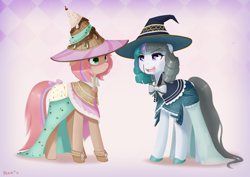 Size: 1754x1240 | Tagged: safe, artist:pezzhippo, imported from derpibooru, oc, oc only, oc:seafoam, oc:sweet skies, earth pony, pegasus, pony, blood, blushing, clothes, costume, female, hat, heart eyes, implied lesbian, mare, nosebleed, shipping, shoes, wingding eyes, witch hat