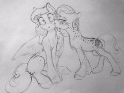 Size: 4032x3024 | Tagged: safe, artist:silfoe, imported from derpibooru, princess luna, oc, oc:light heart, alicorn, earth pony, pegasus, pony, royal sketchbook, :<, :t, blushing, canon x oc, cheek kiss, cute, eyes closed, female, floppy ears, freckles, grayscale, kiss on the cheek, kissing, lesbian, lunabetes, mare, monochrome, race swap, short mane, sitting, sketch, spread wings, surprise kiss, surprised, traditional art, wide eyes, wing fluff, wings, younger