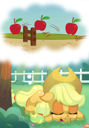 Size: 3000x4286 | Tagged: safe, artist:discorded, imported from derpibooru, applejack, pony, apple, counting sheep, dream, drool, fence, food, grass, silly, silly pony, sleeping, that pony sure does love apples, tree