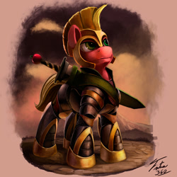 Size: 900x900 | Tagged: safe, artist:tsitra360, imported from derpibooru, big macintosh, earth pony, pony, armor, helmet, male, solo, stallion, sword, warrior, weapon