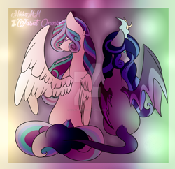 Size: 1024x993 | Tagged: safe, artist:wasatgemini, imported from derpibooru, oc, oc only, oc:agnya, oc:sahas, pegasus, pony, bat wings, horns, sitting, watermark