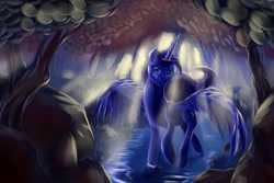 Size: 3000x2000 | Tagged: dead source, safe, artist:viwrastupr, imported from derpibooru, princess luna, alicorn, pony, backlighting, crepuscular rays, female, forest, mare, solo, spread wings, water, wings