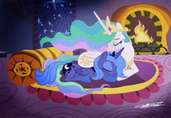 Size: 2177x1504 | Tagged: safe, artist:walliscolours, artist:willisninety-six, imported from derpibooru, princess celestia, princess luna, alicorn, pony, crying, fanfic in the description, female, fireplace, royal sisters, s1 luna, siblings, sisters