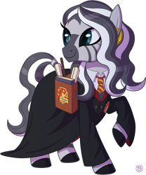 Size: 800x962 | Tagged: safe, artist:stasysolitude, imported from derpibooru, zecora, zebra, clothes, costume, female, harry potter, harry potter (series), hermione granger, raised hoof, simple background, smiling, solo, transparent background