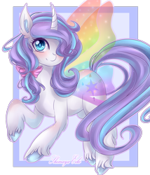 Size: 6000x7000 | Tagged: safe, artist:shimayaeiko, imported from derpibooru, oc, oc only, pony, unicorn, absurd resolution, artificial wings, augmented, blushing, bow, butterfly wings, female, hair bow, hair over one eye, looking at you, magic, magic wings, mare, smiling, solo, unshorn fetlocks, wings