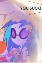 Size: 318x472 | Tagged: safe, imported from derpibooru, dj pon-3, vinyl scratch, equestria girls, equestria girls series, overpowered (equestria girls), abuse, bully, bullying, food, image macro, meat, meme, op is a duck, pepperoni, pepperoni pizza, pizza, sad, this will end in school shooting, vinylbuse