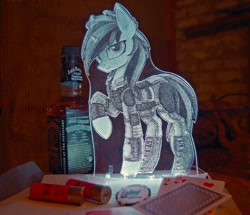 Size: 1600x1378 | Tagged: safe, artist:setharu, artist:vasgotec, imported from derpibooru, oc, oc only, oc:blackjack, fallout equestria, acrylic plastic, acrylight, craft, engraving, etching, led, nightlight, traditional art