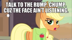 Size: 600x337 | Tagged: safe, edit, edited screencap, imported from derpibooru, screencap, applejack, the last roundup, butt, female, image macro, meme, memeful.com, plot, solo