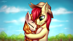 Size: 4000x2250 | Tagged: safe, artist:setharu, imported from derpibooru, bright mac, pear butter, earth pony, pony, brightbutter, cloud, couple, ear fluff, eyes closed, female, hat, hug, looking down, male, mare, outdoors, shipping, signature, sky, smiling, stallion, straight, tree