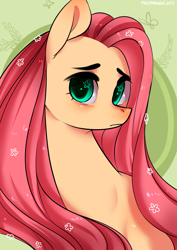 Size: 2507x3541 | Tagged: safe, artist:yukomaussi, imported from derpibooru, fluttershy, pony, bust, female, frown, head turn, looking at you, portrait, signature, solo, starry eyes, turned head, wingding eyes